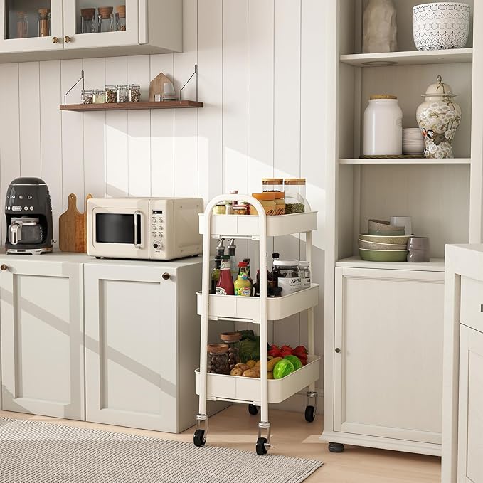 Sekey 3 Tier Rolling Cart Metal, NO Screws Assemble Utility Cart on Wheels, Heavy Duty Storage Cart with Lockable Wheels for Baby Nursery, Bathroom, Kitchen, Laundry Room, White