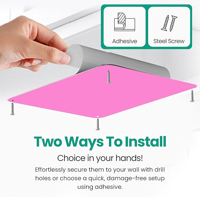9 inches x 6.5 inches Stainless Steel Plate for Magnets, 3M Adhesive Back, Mounting Screws, Ideal for Magnetic Shelf, Spice Holders, Fridge Magnets. Mount Anywhere! (Pink, 2 Pack)