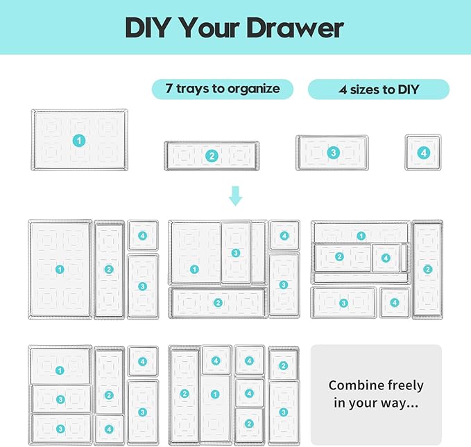 Clear Drawer Organizer Bins 7 pc Set, 4-Size Stackable Trays for Makeup Vanity Drawers, Bathroom Drawer Organizer Storage Containers for Cosmetic, Office Supplies-NeatNest