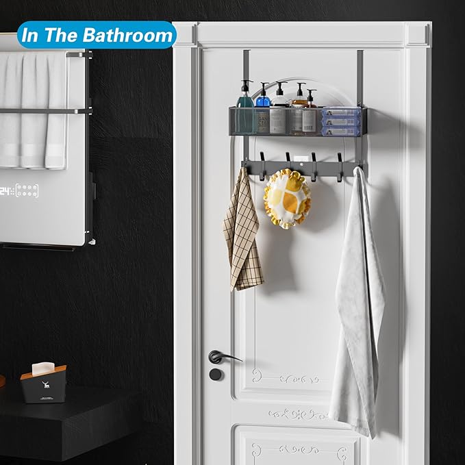 Over The Door Hooks Organizer, Over The Door Towel Rack with Mesh Basket, 10 Coat Hooks and 2 Wreath Hangers, Bathroom Door Organizer Back of Door Hanger for Bedroom, Kitchen(Black)