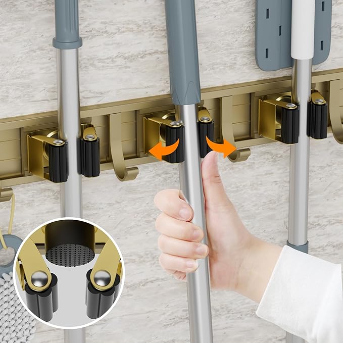 Broom Holder Wall Mount Mop and Broom Hanger Wall Mounted Garage Storage Rack Kitchen Garden Tool Organizer (5 Racks with 4 Hooks, Bronze)-NeatNest