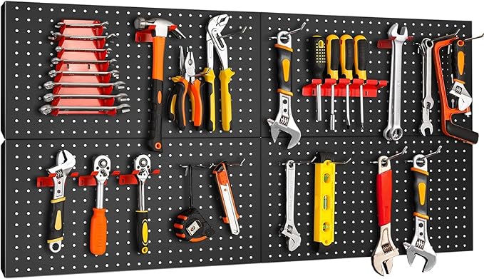 4Pcs Metal Pegboard Panels for Wall，Peg Boards for Garage Tools Pegboard Storage Organizer for Workbench, Shop，Bathroom，Office and Gaming Setup With Customizable Hanging Solutions (Black, 24" x 12")