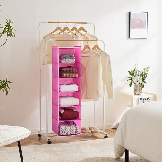 MAX Houser 6-Shelf Hanging Closet Organizer, Hanging Storage Shelves with 2 Sturdy Hooks Space-Saving for Bedroom, Foldable (Pink)-NeatNest