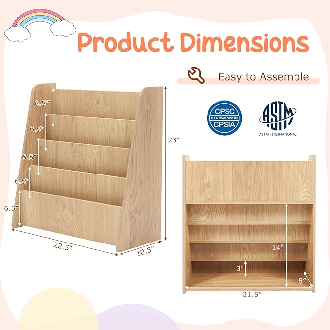 Costzon 4-Tier Kids Bookshelf, Front Facing Children Bookcase with Deep Compartments, Magazine Storage Rack for Kids Bedroom, Playroom, Nursery, Classroom, Kindergarten (Natural)-NeatNest