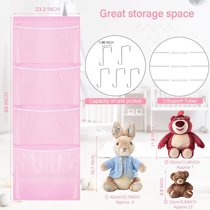 Hanging Stuffed Animal Storage, Over Door Large Plush Toy Organizer with Metal Hook, Baby Accessory Holder Idea for Nursery, Doll & Bear Mesh Hammock Bag for Girl Boy Kid Room-NeatNest