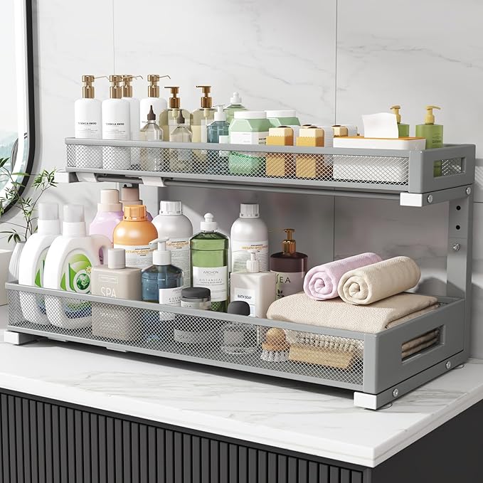 1 Pack 20.47IN Depth Under Sink Storage Organizer, Large 2-Tier Elegant Mesh Pull Out Shelf for Kitchen and Bathroom Cabinet Organization, L-Shaped and Adjustable Height Design-Gun Gray-NeatNest