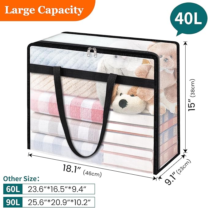 4 Pack Clear Storage Bags for Comforter, Clothes & Bedding, Plastic Blanket Storage with Zipper and Handle, Moving Bags, Closet Organizer and Under-Bed Storage (40L)-NeatNest