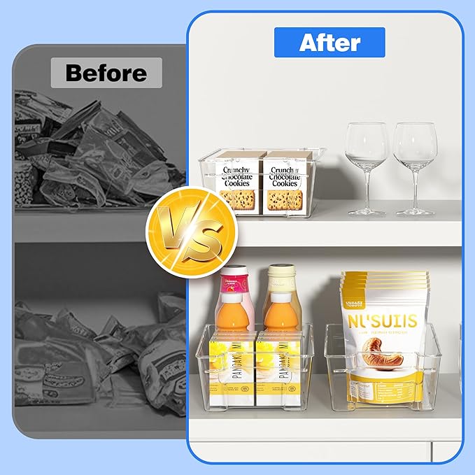 Clear Refrigerator Storage Bins, 8-Piece Set, Stackable Kitchen Organizer Containers for Fridge and Pantry (Clear 8 Pack-12.4"*6.1"*3.4")-NeatNest