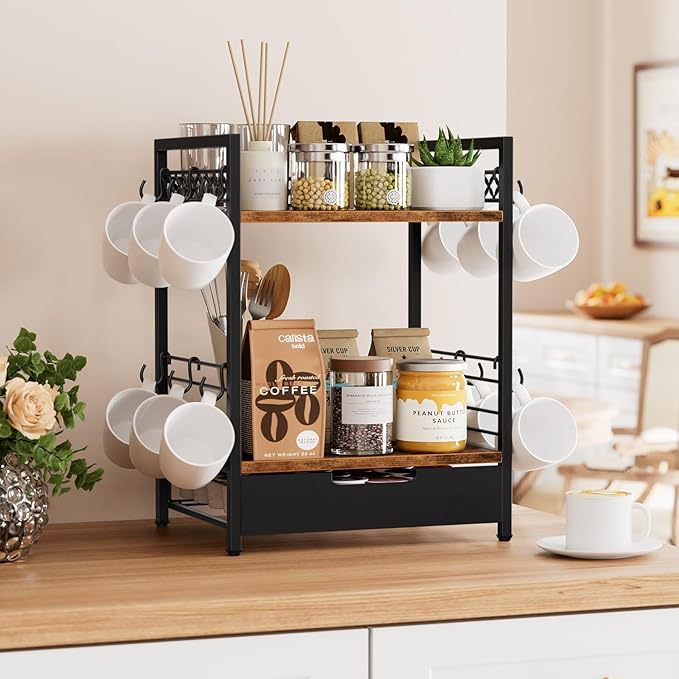 Coffee Bar Organizer Countertop, 2 Tier Mug Cup Holder Stand with 12 Hooks, 30 K Cup Coffee Pod Drawer with Mug Rack, Multifunctional Shelf Organizer for Accessories Station Kitchen (Brown)-NeatNest