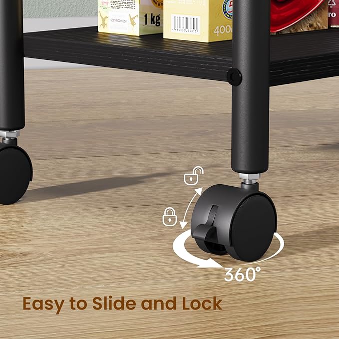 Slim Storage Cart, 4 Tier Small Rolling Bathroom cart Metal and Wood Skinny Utility Cart on Wheels for Narrow Kitchen Laundry Room Black