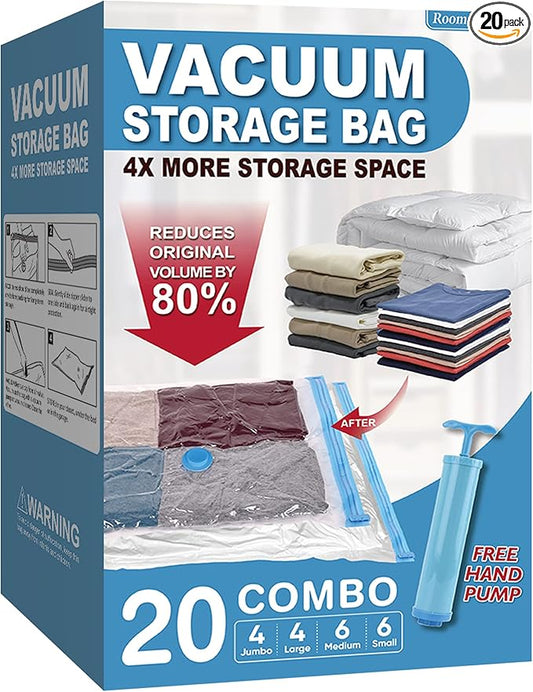 20 Pack Vacuum Storage Bags with Pump, Space Saver Vacuum Storage Bags, Vacuum Seal Bags for Clothing, Comfoters, Pillows, Blanket, Bedding-NeatNest