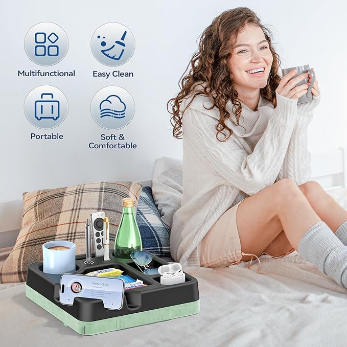 Couch Cup Holder Tray Couch Cup Holder Pillow Bed Tray Snack Sofa Bed Caddy Organizer Beach Sofa Drink Holder Anti-Spill Portable Snack Caddy Couch Remote Holder for Phone Pad Kindle Beverage Green-NeatNest