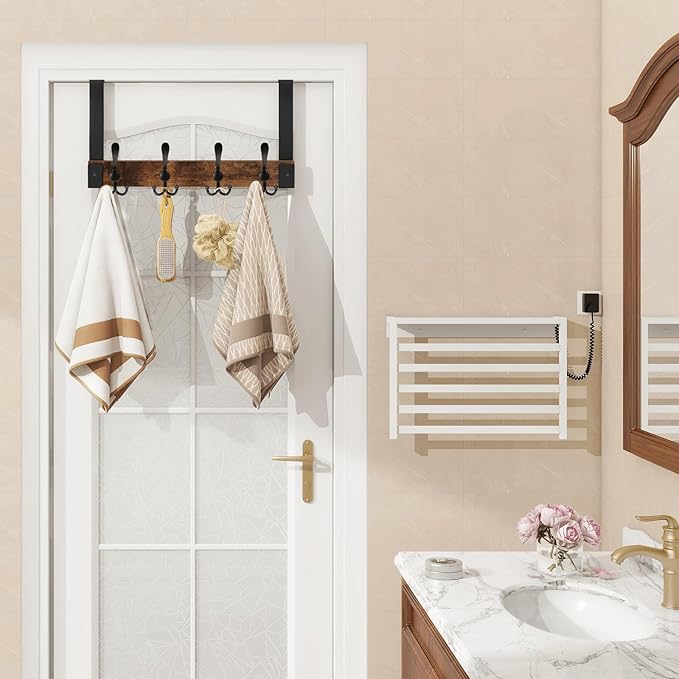 Homode Over The Door Hooks for Hanging, Heavy Duty Wood Over Door Hanger Hook, Over The Door Towel Coat Rack for Bathroom, Back of Door Hooks for Hanging Towels, Clothes, Hats, Rustic Brown Black