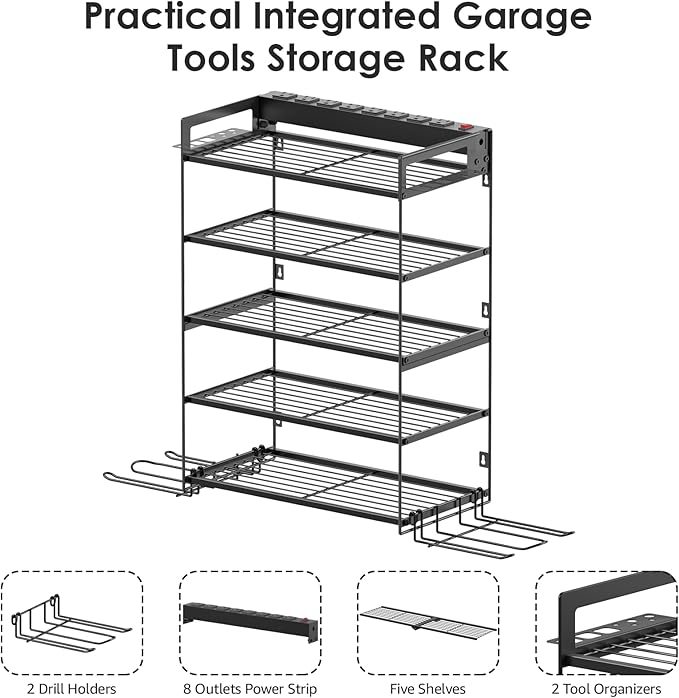 CCCEI Garage Tools Storage with Charging Station. Power Tool Battery Organizer Utility Shelf with Power Strip. 4 Drills Holder Wall Mount Rack, Black 5 Layer.-NeatNest