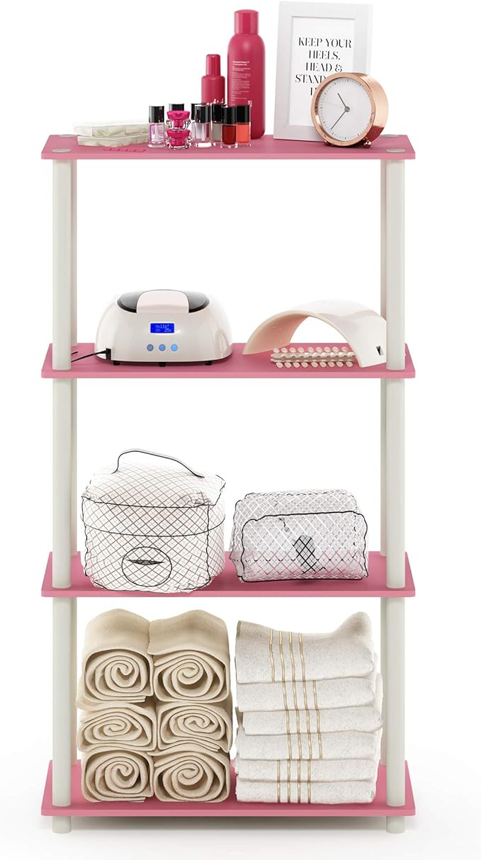 Furinno Turn-N-Tube 4-Tier Multipurpose Shelf Display Rack, Round Tubes, Pink/White-NeatNest