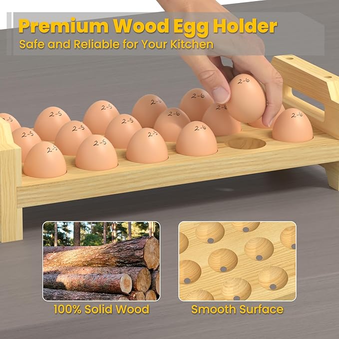 Egg Holder Countertop, 3-Tier Stackable Wooden Egg Holder for 54 Eggs, Space Saving Countertop Organizer, Multi-Size Egg Storage Rack for Chicken Duck Turkey Quail Eggs, Natural