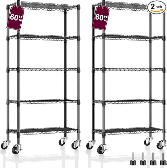 2 Pack 5-Tier Metal Wire Shelving Unit with Wheels & Feet, 14" D x 30" W x 60" H,750 lbs Capacity Adjustable Heavy Duty Steel Wire Rack Storage Shelves for Kitchen, Garage, Pantry