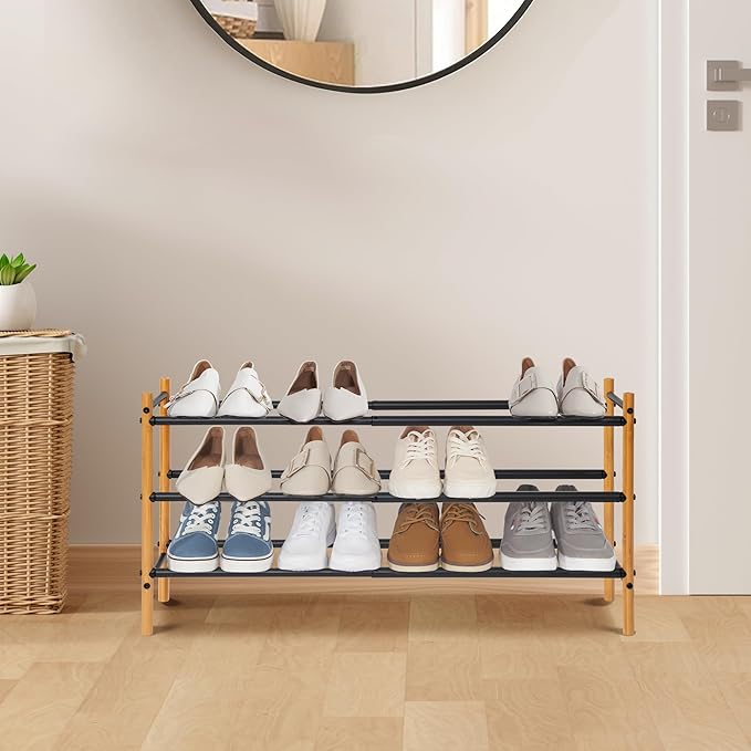 STORAGE MANIAC Expandable Shoe Rack, 16 Pairs Stackable Small Shoe Rack, Metal Adjustable Shoes Organizer for Closet, Entryway, Hallway, Garage, Front Door, Shoes Shelves, Bamboo 4 Tier-NeatNest