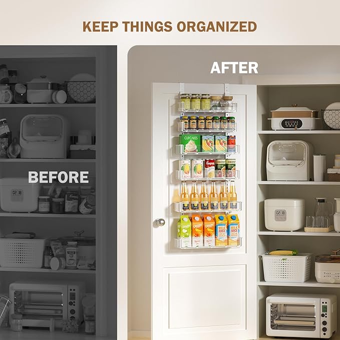 Delamu Adjustable Over the Door Pantry Organizer with Clear Acrylic Panel, 6-Tier Pantry Organization and Storage for Kitchen, Hanging Spice Rack Seasoning Shelves for Cabinet, Easy Install, White-NeatNest
