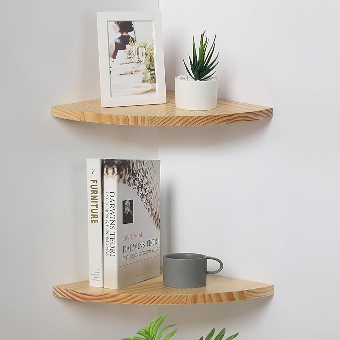 Waterproof Natural Wood Corner Wall Shelves Set of 2, Rustic Wood Corner Floating Shelves with Cable Raceway for Bathroom Kitchen Study Bedroom (12 Inch, Fan-Shaped)-NeatNest