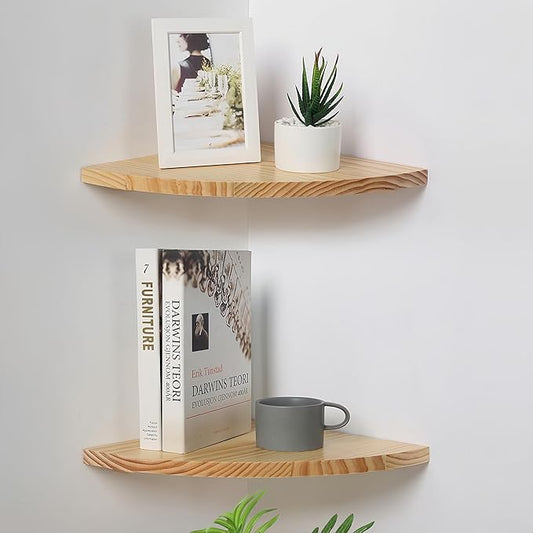 Waterproof Natural Wood Corner Wall Shelves Set of 2, Rustic Wood Corner Floating Shelves with Cable Raceway for Bathroom Kitchen Study Bedroom (12 Inch, Fan-Shaped)-NeatNest