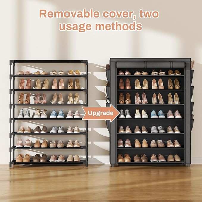VTRIN Shoe Rack with Cover, 7 Tier Shoe Organizer Storage for 35-40 Pairs Shoes and Boots Large Capacity Tall Shoe Shelf with 8 Pockets Free Standing Shoe Rack for Closet, Entryway, Garage-NeatNest