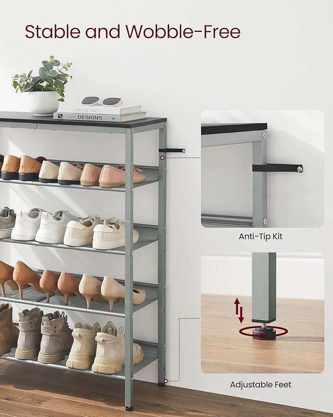 VASAGLE Shoe Rack for Entryway, 5-Tier Shoe Rack Organizer with Storage Shelves and Spacious Top, Freestanding, Adjustable, Industrial, Charcoal Grey and Metallic Silver ULBS038E22-NeatNest