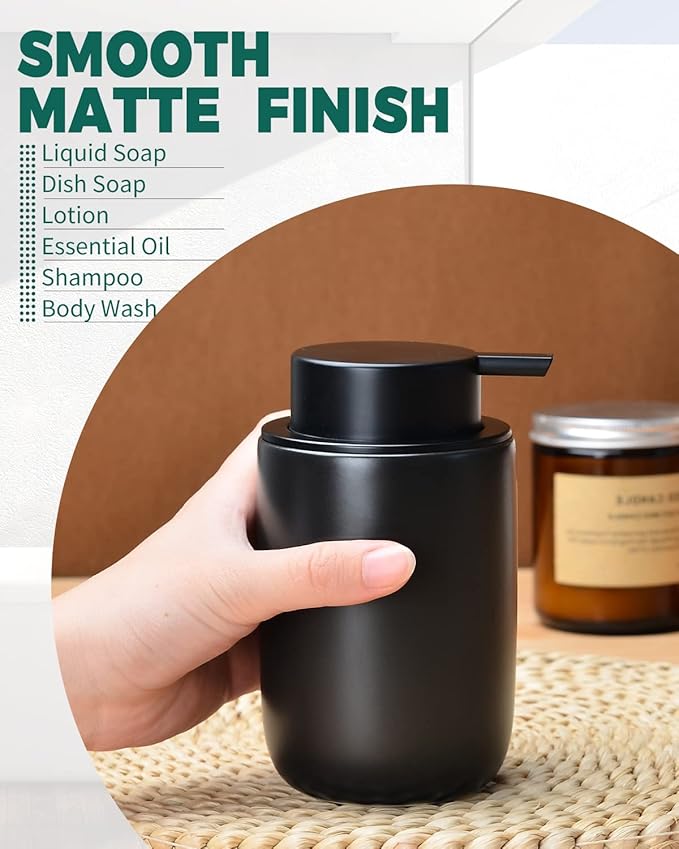 BosilunLife Lotion Pump Dispenser - Matte Black Soap Dispenser Bathroom Ceramic Dish Liquid Soap Dispenser for Kitchen, Bathroom Countertop Soap Dispensers-NeatNest