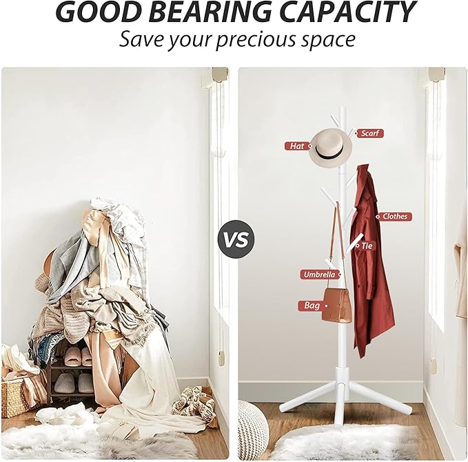 Durable Wooden Coat Rack, Freestanding Coat Rack with Stable Triangular Base, 8 Hooks & 3 Adjustable Heights, Simple Assembly for Bedroom, Hallway, Office(New White)-NeatNest