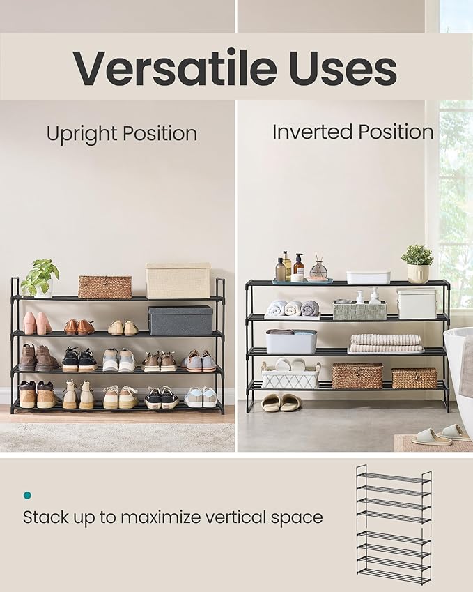SONGMICS Shoe Rack, 4-Tier Shoe Organizer, Metal Storage Shelf, Upright or Upside Down, for 25-30 Pairs, Stackable, for Entryway, 11.8 x 46.1 x 29.5 Inches, Black ULSA034B01-NeatNest