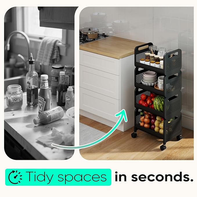 Sekey 4 Tier Rolling Cart Metal, Easy Install Kitchen Cart on Wheels with Storage, Heavy Duty, Lockable Wheels for Kitchen, Bathroom, Laundry Room, Black