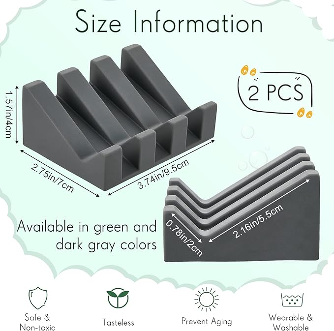 Cunhill 2 Pieces Silicone Soap Dish Self Draining Soap Dish Shower Waterfall Bar Soap Holder Tray with Drain Soap Saver for Kitchen Bathroom Accessories (Dark Grey,Light Green)-NeatNest
