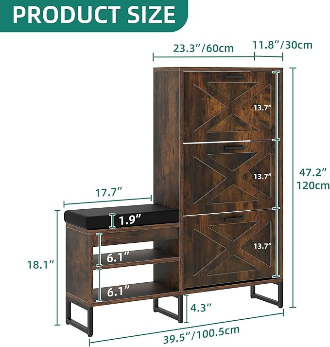 YITAHOME Farmhouse Shoe Cabinet with 3 Flip Drawers for Entryway, Shoe Storage Cabinet with Shoe Bench, Narrow Slim Shoe Rack Organizer for Entrance, Living Room, Hallway, Rustic Brown-NeatNest