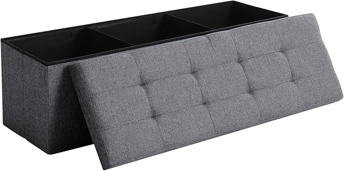 CUYOCA 45.3 Inches Storage Ottoman Bench Foldable Seat Footrest Shoe Bench End of Bed Storage with Flipping Lid, 166L Storage Space, Linen Fabric Dark Gray-NeatNest