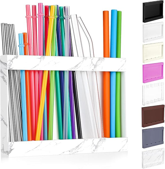 Acrylic Straw Holder for Cabinet Door with Double Sided Adhesive Tape Reusable Straw Organizer Tumbler Storage Kitchen Accessories Container for Counter Cupboard(Marble Texture,Large,White)