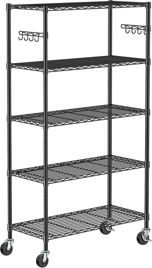 5 Tier Storage Shelves with Wheels - Adjustable Wire Shelving Unit Metal Shelves for Storage Rolling Utility Shelf Organizer Rack for Kitchen Garage Pantry Closet Laundry(14D x 36W x 75H)