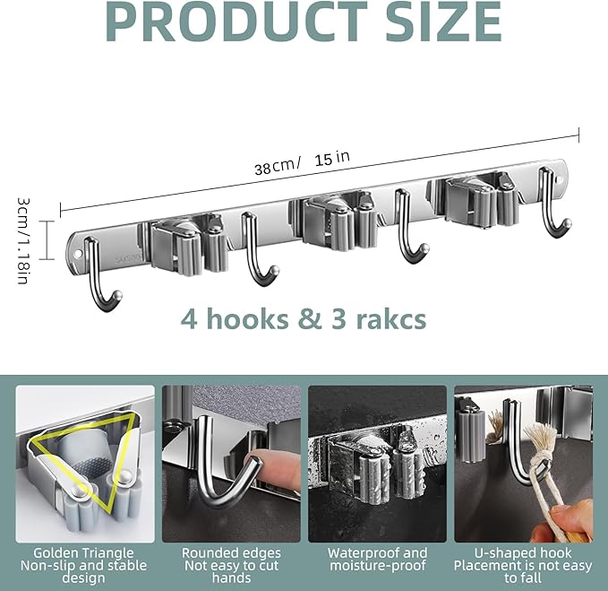 Mop and Broom Holder Wall Mount, Stainless Steel Broom Mop Hanger, Wall Mounted Garden Tool Rack Organizer for Garage Closet Laundry Room Kitchen Decor (3 Racks with 4 Hooks, Silver)-NeatNest