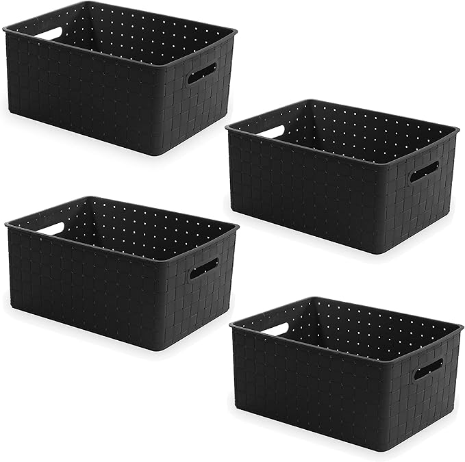 BINO Plastic Basket, Medium - Black, 4 Pack, The Stable Collection, Multi-Use Storage Basket, Rectangular Cabinet Organizer, Home & Office Storage Organizer, Baskets for Bathroom Organizing-NeatNest