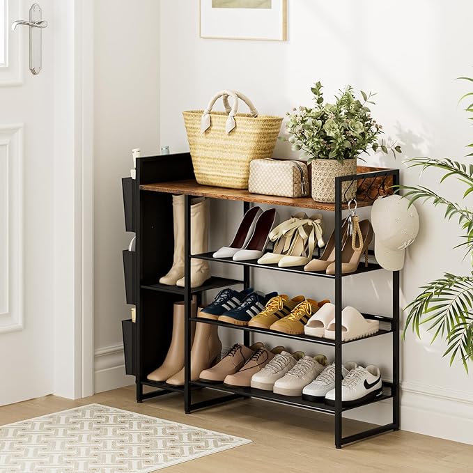 Shoe Racks Bench,Shoe Organizer with Bench for Closet- Free Standing Boot and Shoe Rack with Storage Bag for High Heels, Entryway, Hallways, Closets, Dormitory Rooms,Brown 4-Tier-NeatNest