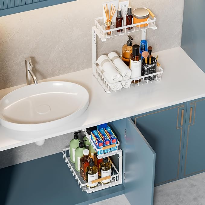 2 Pack Under Sink Organizers and Storage, Height Adjustable Cabinet Organizer Pull Out Drawer, 2 Tier Metal Under Kitchen Bathroom Sink Organizer, White, VF-JT01-WH-NeatNest