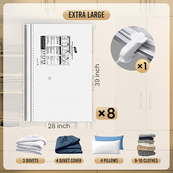 TAILI 8 Pack Vacuum Storage Bags, Jumbo Size 39x28 inch, LONG SIDE ZIP Vacuum Seal Bags for Beddings, Extra Large Storage Space Saver for Clothing, Comforters, Blankets, Pillows-NeatNest