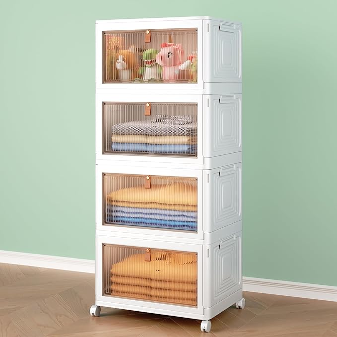 4 Tier Storage Bins with Lids, 23QT Stackable Closet Organizers and Storage with Wheels, Collapsible Storage Boxes, Foldable Plastic Storage Containers for Home,Office, Dorm Room-NeatNest