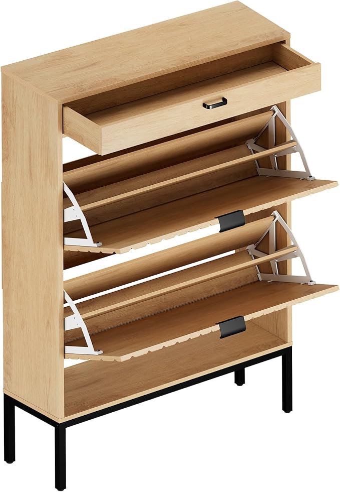 XIAO WEI Shoe Cabinet, Shoe Storage Organizer Cabinet with 2 Flip Half Moon Line Doors, Freestanding Shoe Rack with Adjustable Shelf for Entryway（Oak）-NeatNest