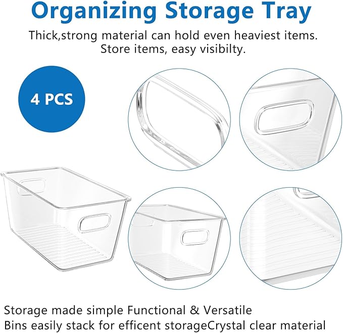 4 Pack Plastic Storage Bins with Lids, Clear Stackable Organizer with Handle, Kitchen Pantry Organizers and Storage, Perfect for Pantry, Refrigerator, Fridge, Bathroom, Cabinet, Closet, Kitchen-NeatNest
