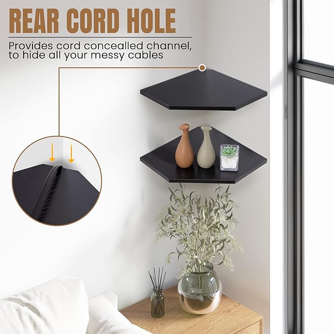 Corner Shelf Wall Mount, Floating Corner Shelves, Set of 2 Corner Wall Shelf Organizer, Rustic Wood Wall Storage Display Shelves for Living Room Bedroom Bathroom Kitchen, Classic Black-NeatNest