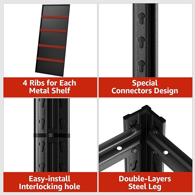 5 Tier Metal Shelving Unit, 72" H x 48" W Adjustable Storage Shelves, Heavy Duty Garage Shelves for Warehouse, Basement, Kitchen, Pantry, Living Room, 2500LBS, Black, 18" D-NeatNest