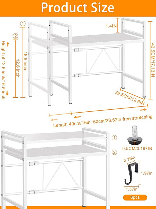 Caliee Expandable Microwave Stand, Adjustable Countertop Storage Rack for Microwave, Tableware, and Pantry Items, Space-Saving Design for Kitchen, Cabinet, and Countertop (White)-NeatNest