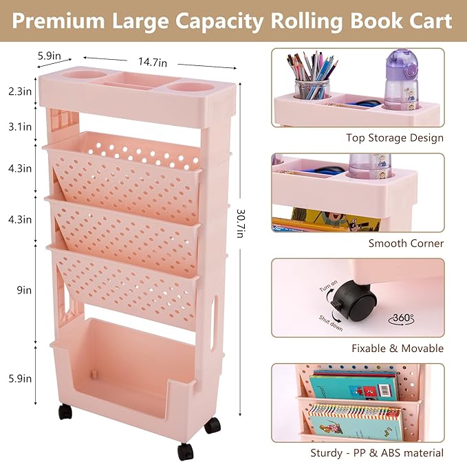 CINPIUK Pink Rolling Office Paper Organizer, Mobile Book Cart Document Folder File Storage with Pen Holder, Slim Rolling Storage Cart Movable Bookshelf for Office, Dorm, Classroom, Nursery-NeatNest