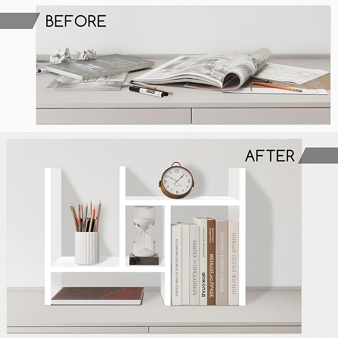 Jerry & Maggie Desktop Organizer Office Storage Rack Adjustable Wood Display Shelf Free Style Double H, Multi-Functional Mini Bookshelf for Desk Natural Stand (White)-NeatNest