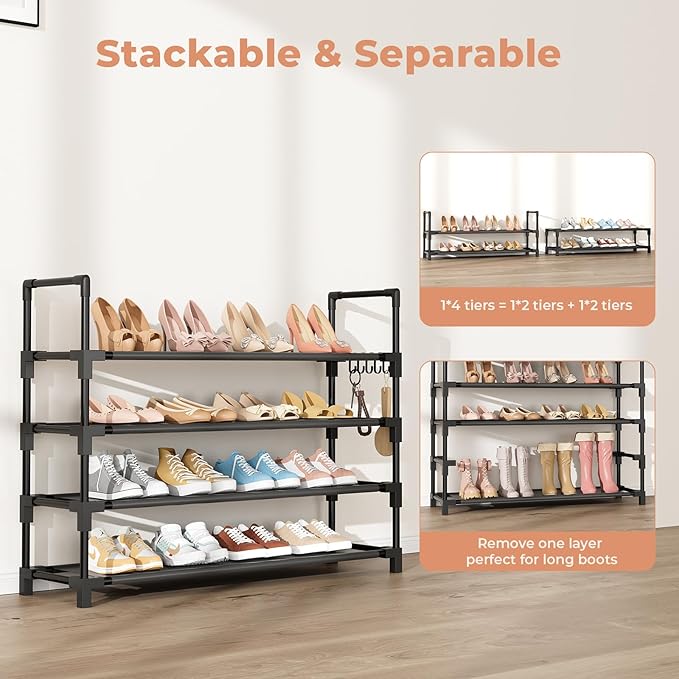 4 Tier Shoe Rack, Shoe Organizer Storage for 16-20 Pair Boot and Sneaker, Stackable Free Standing Shoe Shelf with Hooks and Side Pocket, Space Saving Shoes Rack for Closet, Entryway-NeatNest